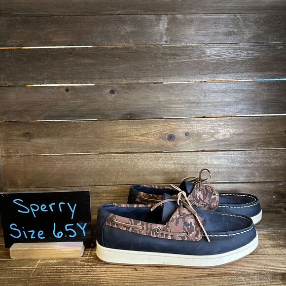 New Kids Sperry Cup II Blue Leather Camo‎ Slip On Boat Deck Shoes Loafers 6.5 Y - Picture 1 of 6